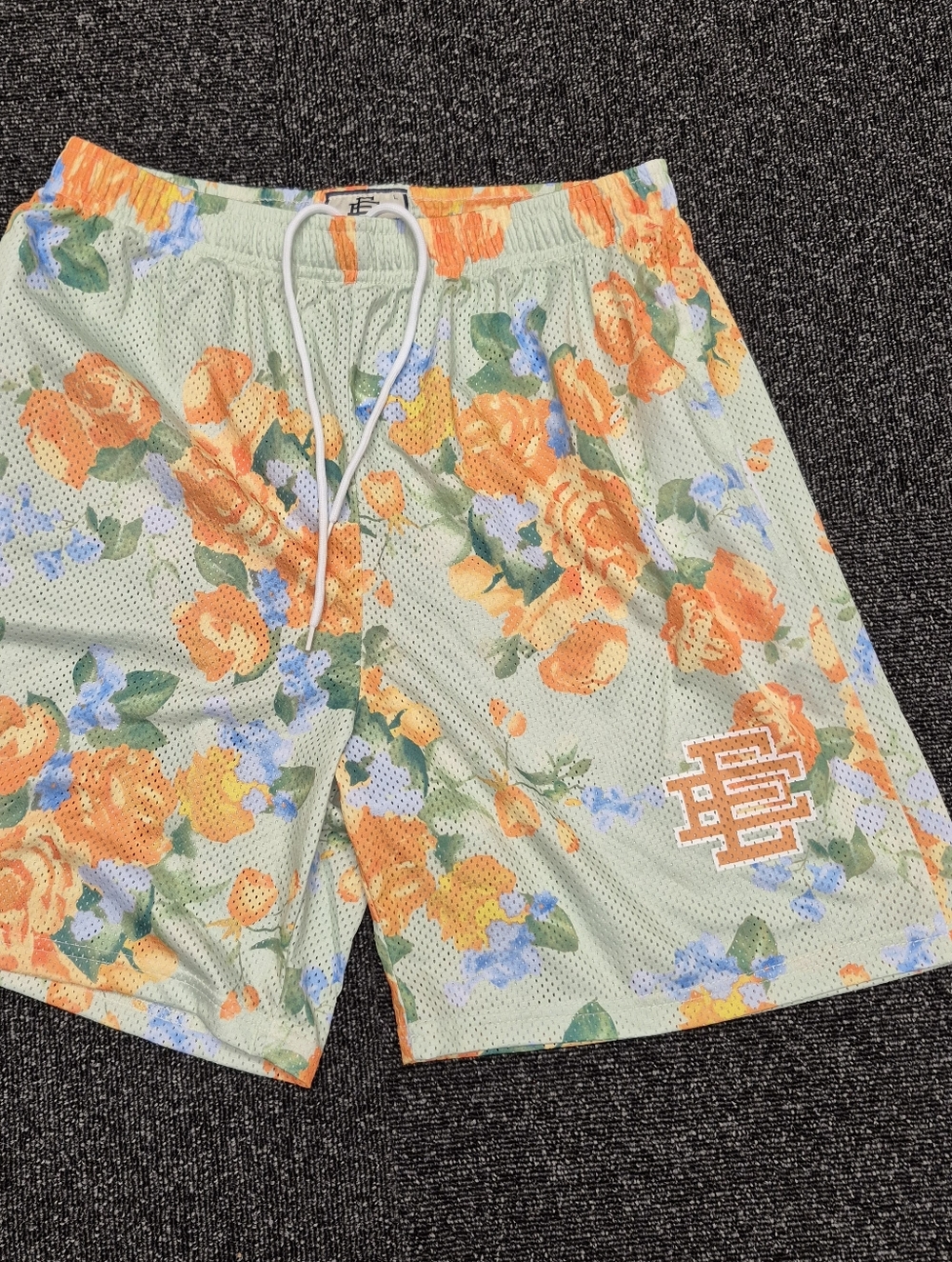 Eric Emanuel Floral Mesh Men's Shorts - Orange Floral on Light Green Sz Large